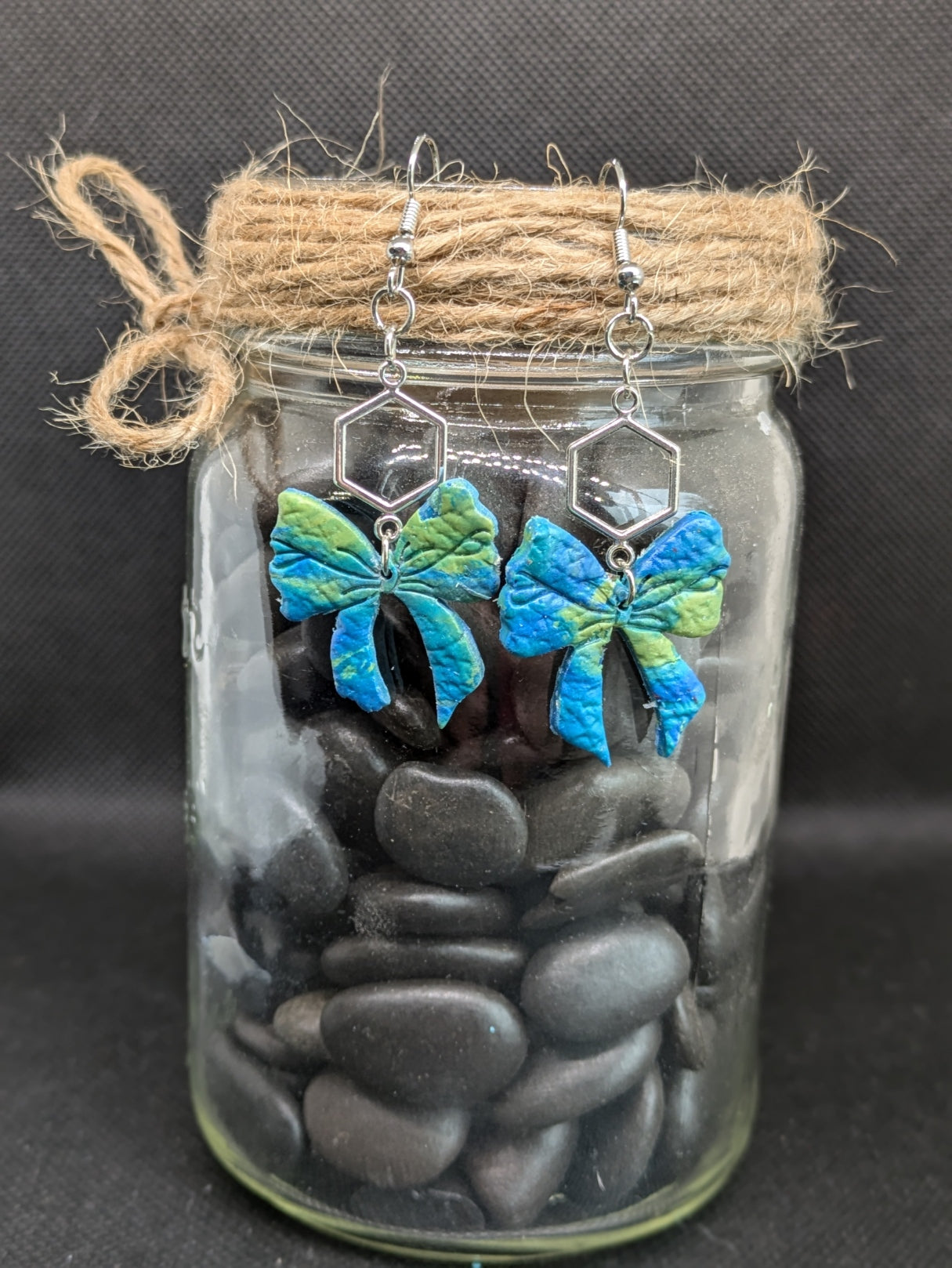 Blue and Green Bow Dangle Earrings