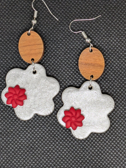 White and Red Floral Dangle Earrings with Wooden Finding