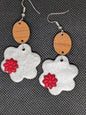 White and Red Floral Dangle Earrings with Wooden Finding