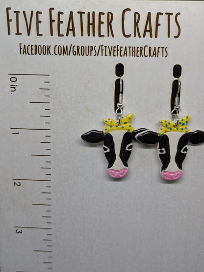Hand-painted Polymer Clay Cow Dangle Earrings