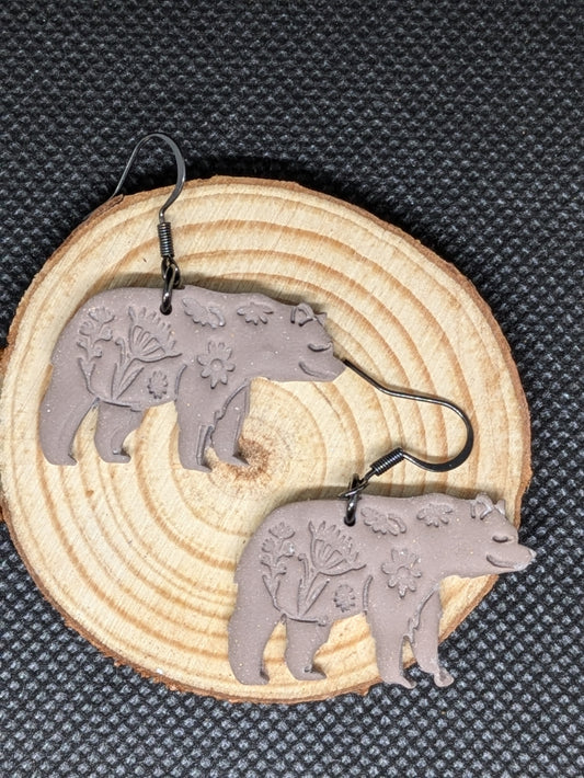 Brown Floral Bear Dangles