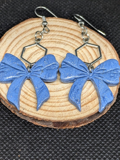 Shimmery Blue Bow Dangles